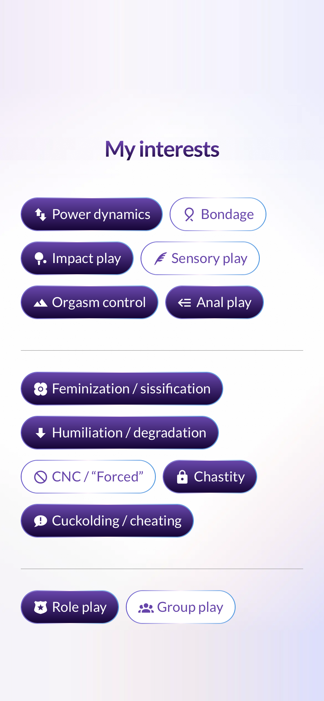 Aria's 'My interests' screen, showing selectable kink categories including power dynamics, chastity, feminization and cuckolding.