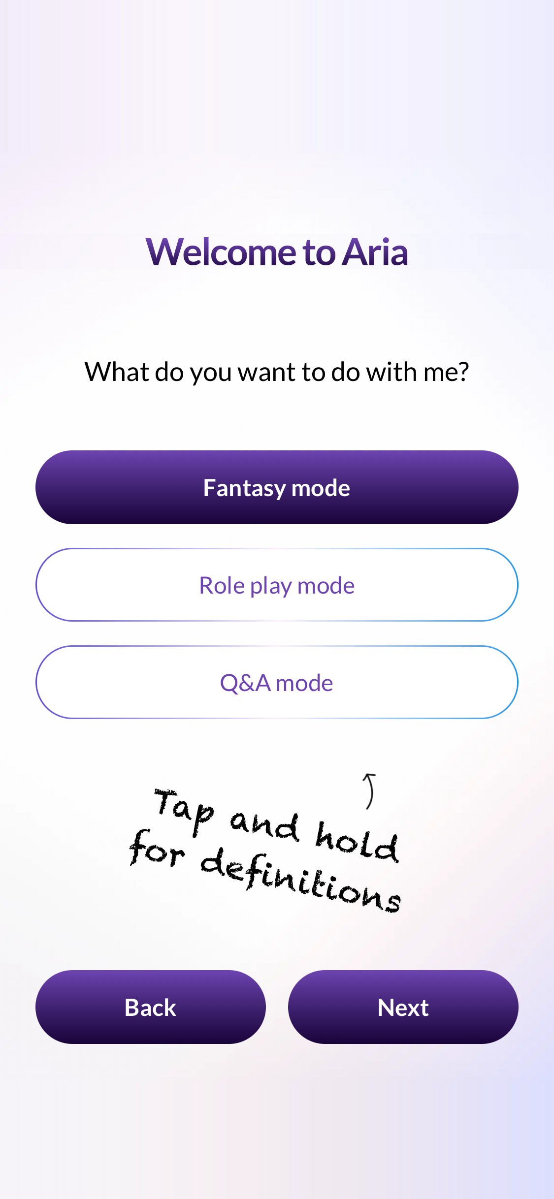 Aria's mode picker: fantasy mode, role play mode and Q&A mode.