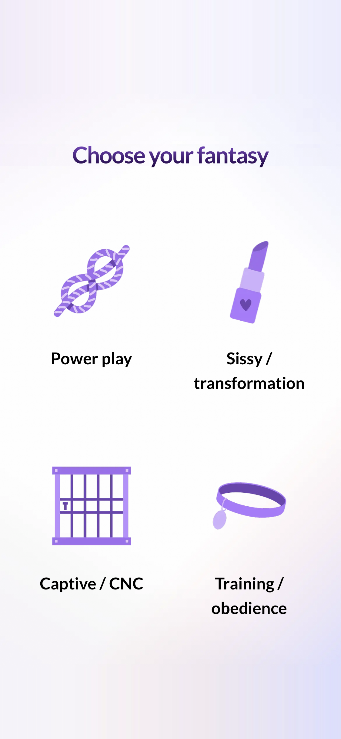 Aria's theme picker showing power play, sissy transformation, captive/CNC and training dynamics.