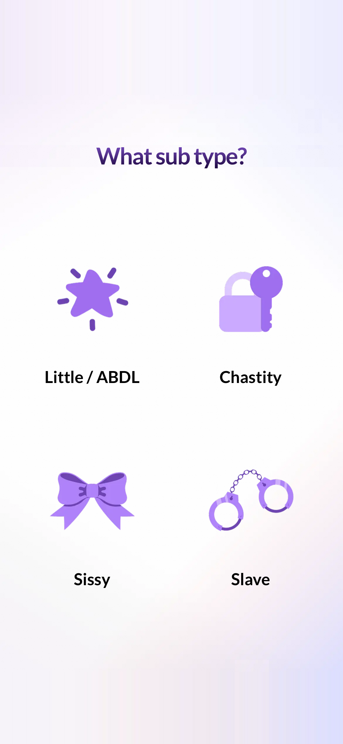 Aria's role selection screen offering Little/ABDL, chastity, sissy and slave dynamics.